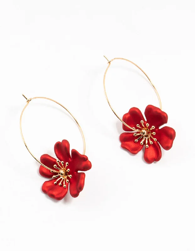 Victorian style earrings-Gold & Red Pearlised Stapled Flower  Drop Earrings