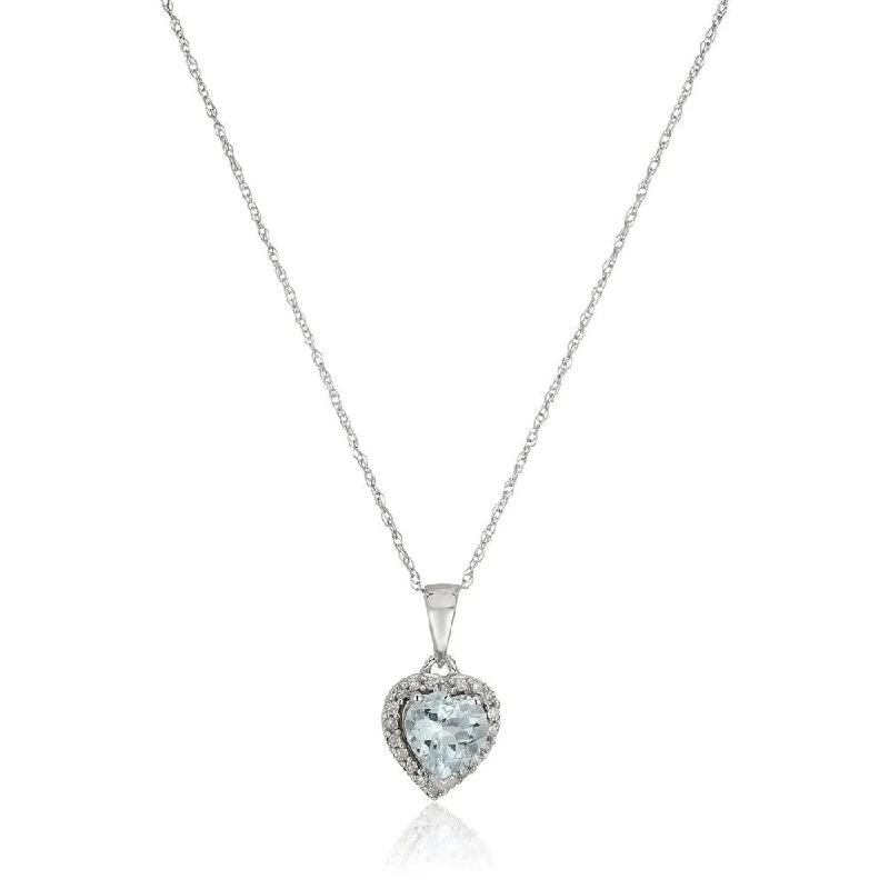 Heavy collar necklaces-10k White Gold Aquamarine Heart, Diamond Pendant Necklace, 18" - Blue