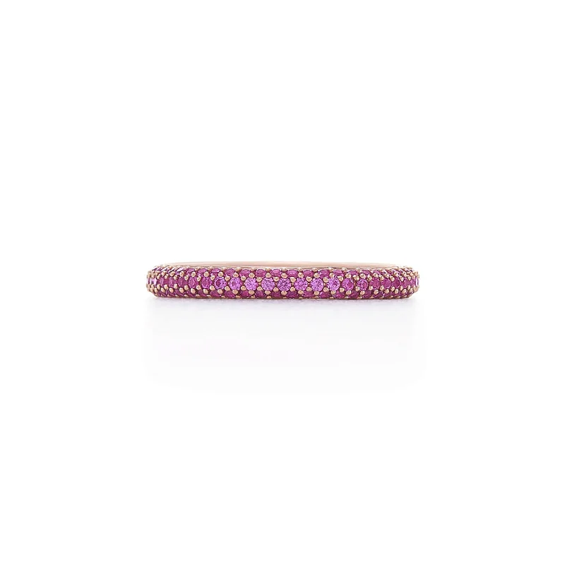 Ruby halo engagement rings-Three-Row Ring with Pavé Pink Sapphires