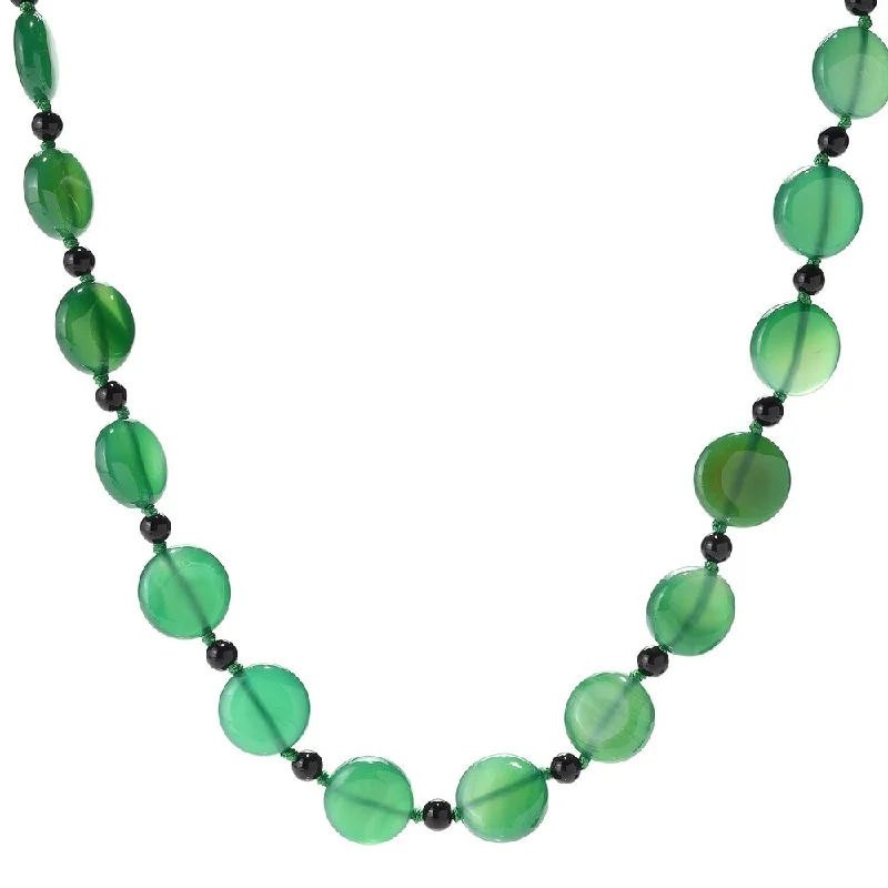 High gloss necklaces-28" 18mm Coin Shaped Green Agate & Onyx Beaded Endless Necklace