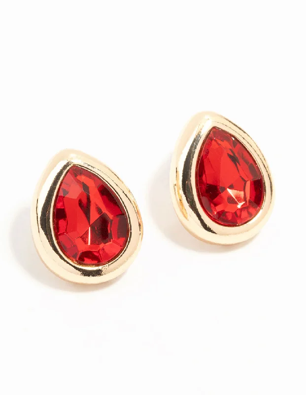 Alloy metal earrings-Red Pear Diamante Gold Stud Earrings