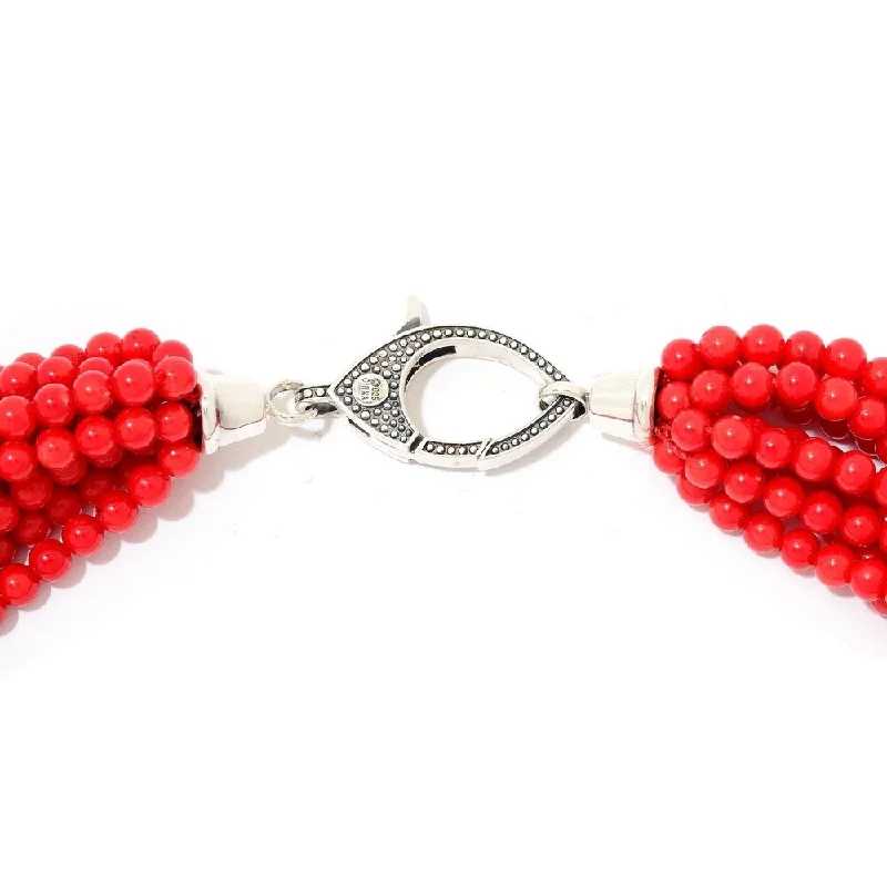 Fine bead necklaces-Red Coral Multi Strand Beaded Necklace w/ Designer Clasp