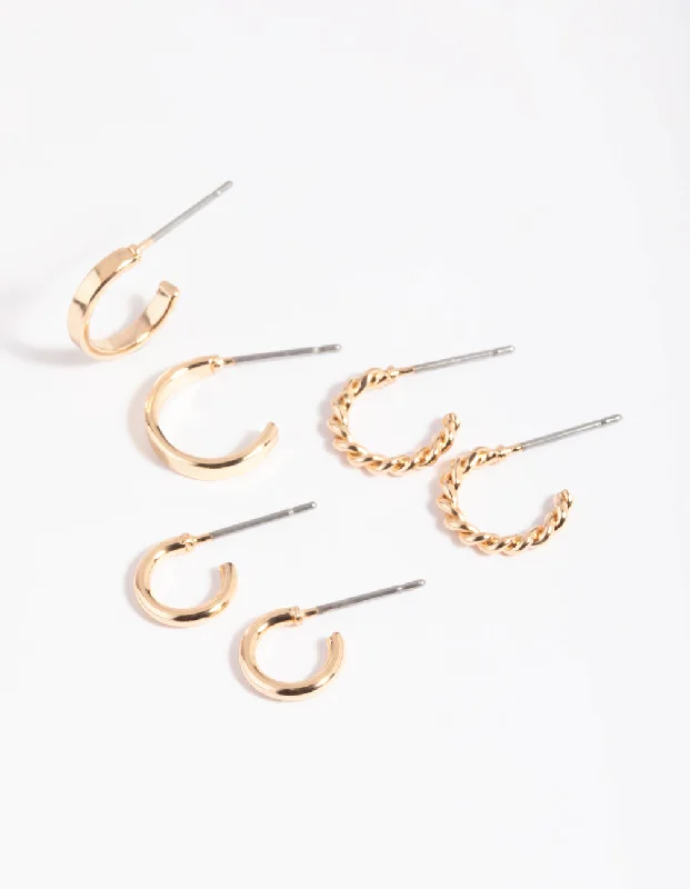 Ruby gem earrings-Gold Plain & Twisted Hoop Earring Pack