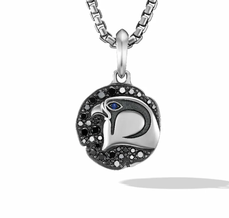 Heart diamond engagement rings-Cairo Falcon Amulet in Sterling Silver with Sapphire and Pave Black Diamonds