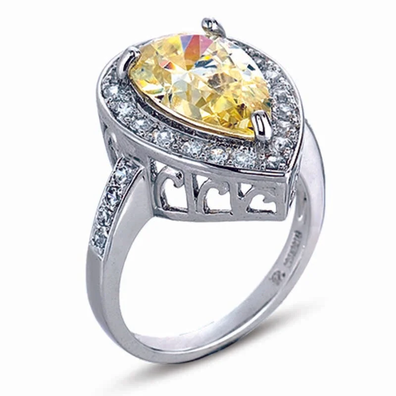 Double shank engagement rings-STERLING SILVER RING WITH YELLOW CENTER AND CLEAR CZ STONES