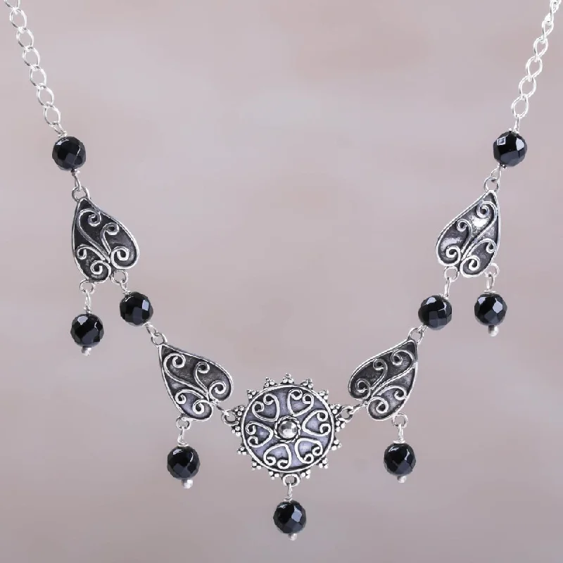 Lapis drop necklaces-Handmade Sterling Silver 'Leaf Shield' Onyx Necklace (Indonesia)