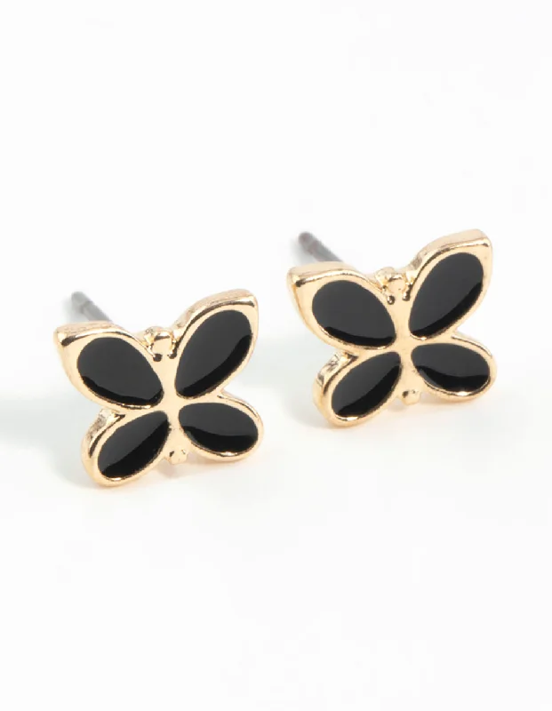 Bold cuff earrings-Black Butterfly Enamel Stud Earrings