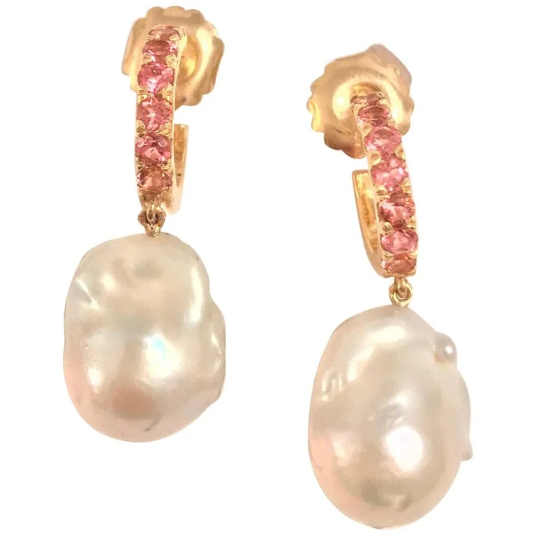 Layered tier earrings-18kt Yellow Gold Pink Topaz Hoop with Dangling Baroque Pearl with Diamond Accent