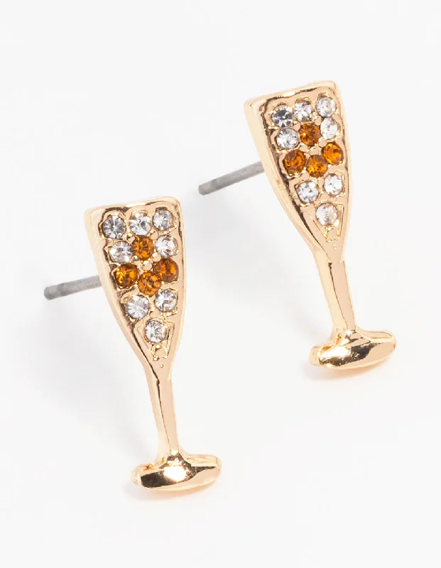 Thick tier earrings-Gold Champagne Flute Stud Earrings