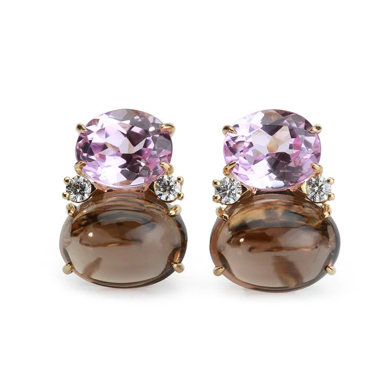 Bright stud earrings-Large GUM DROP™ Earrings with Pink Topaz and Cabochon Smoky Topaz and Diamonds