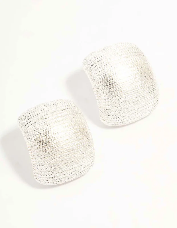 Wide bar earrings-Silver Curved Textured Stud Earrings