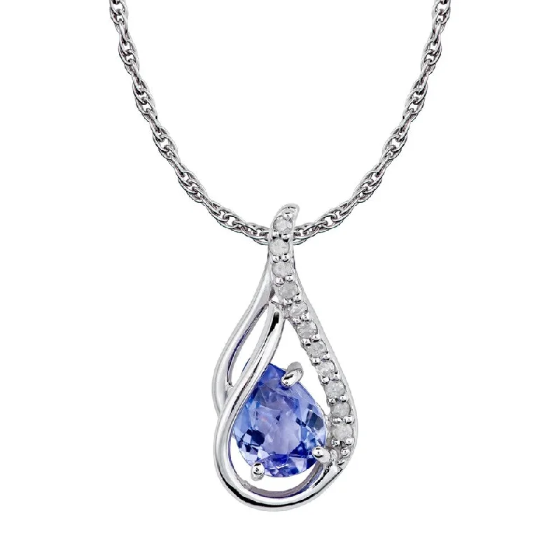 Multi-layer necklaces-Viducci 10k White Gold Genuine Pear-shape Tanzanite and Diamond Halo Drop Pendant Necklace