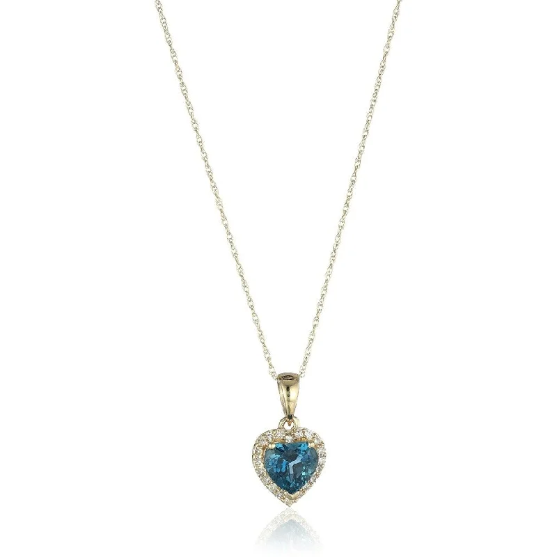 Floating gem necklaces-10k Yellow Gold London Blue Topaz Heart and Diamond Pendant Necklace, (1/10 cttw H-I Color, I1-I2 Clarity), 18"