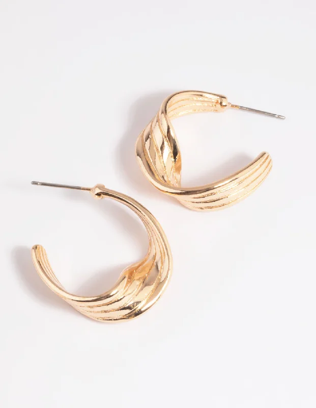 Wide statement earrings-Gold Warped Text Hoop Earrings