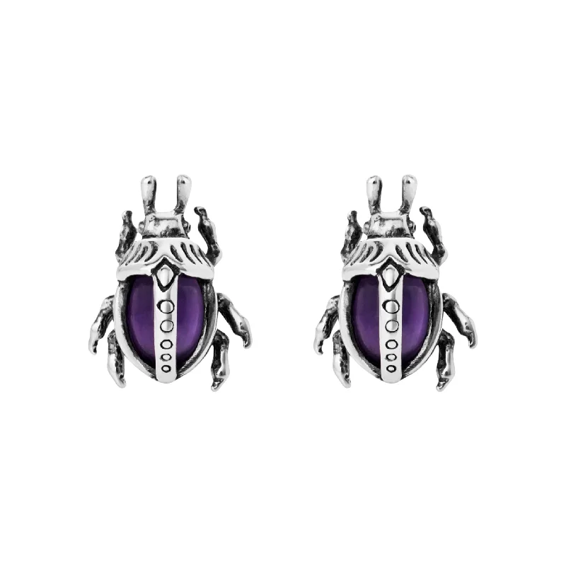 Morganite stud earrings-SACRED BEETLE - Sterling Silver & Amethyst Studs