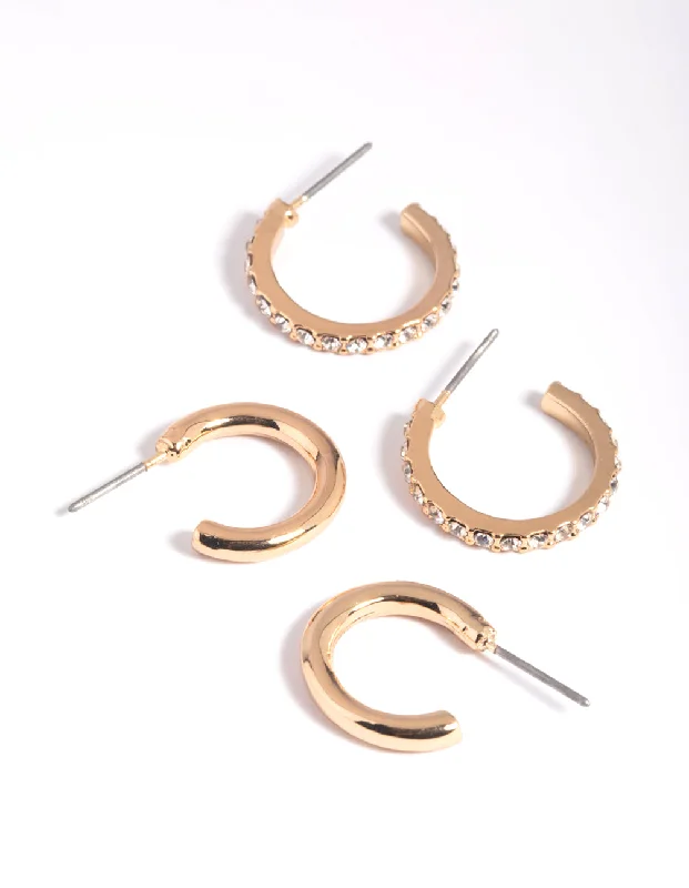 Deco design earrings-Gold Diamante Huggie Hoop Earring Set