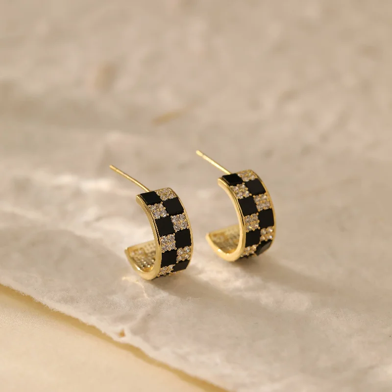 Light clay earrings-Black and White Checkerboard Gold Hoop Earrings