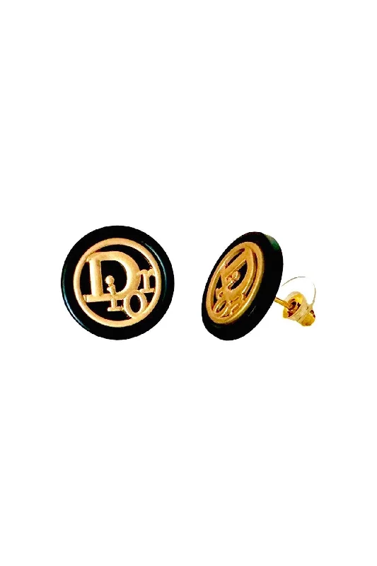 Square stud earrings-Dior Black & Gold Button Earrings