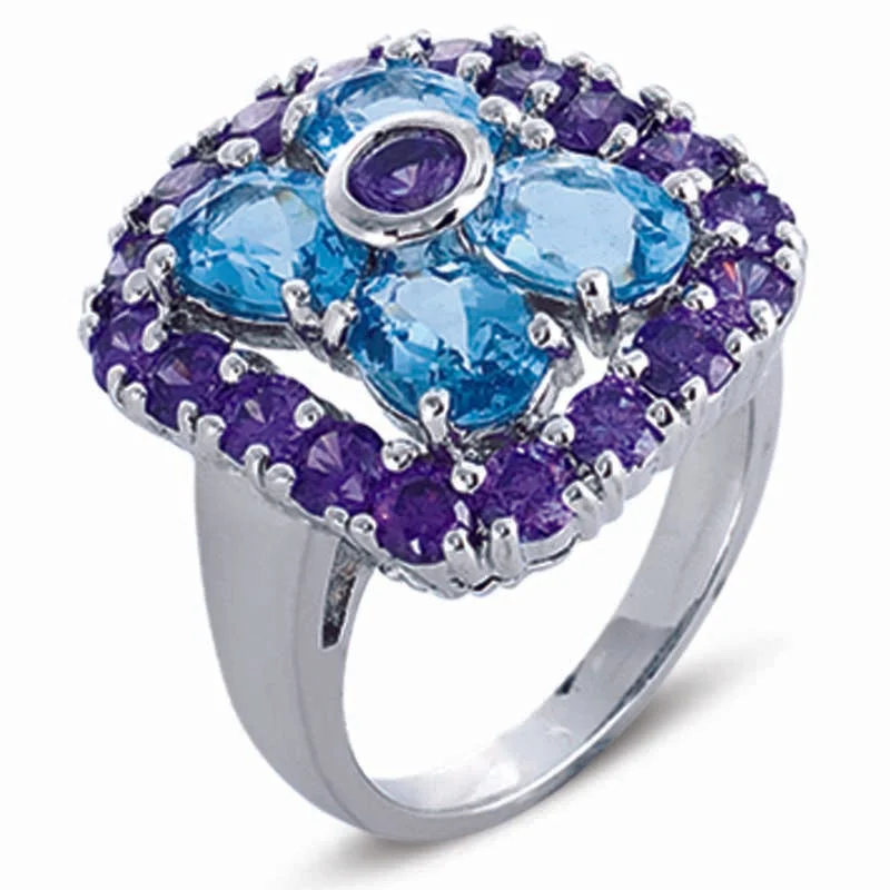 Infinity band engagement rings-STERLING SILVER RING WITH PURPLE AND BLUE CZ STONES