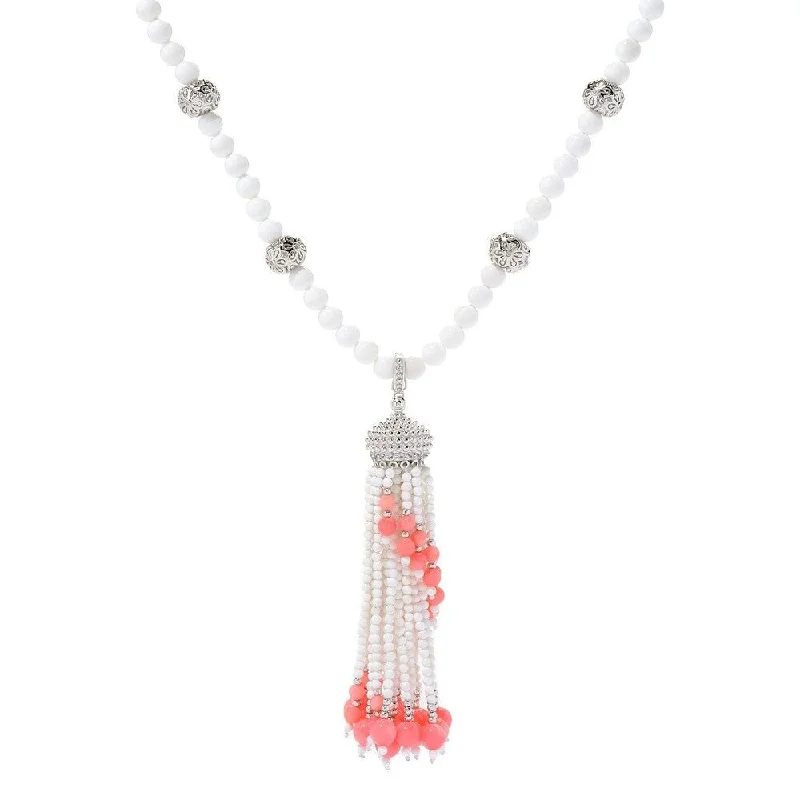 Vine braid necklaces-Sterling Silver White Agate & pink Coral Gemstone Tassel Enhancer Pendant w/ 30" Bead Necklace