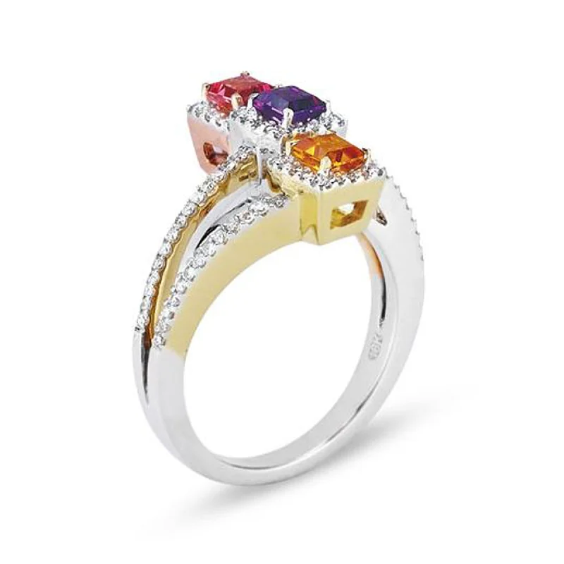 Tiny wing engagement rings-18K Two Tone Birthstone Ring With Diamonds And Colored Stones