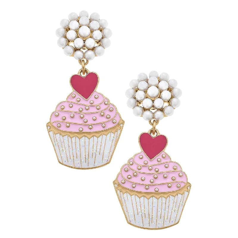 Wide statement earrings-Canvas Style - Love Cupcake Enamel Earrings in Pink & Fuchsia