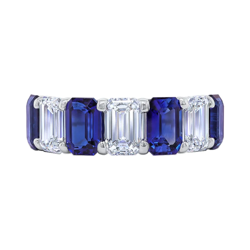 Light wood engagement rings-Blue Sapphire & Diamond Alternating Band