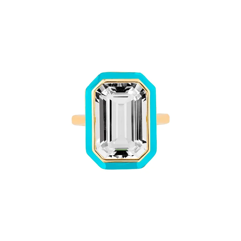 Eternity style engagement rings-Rock Crystal Emerald Cut Ring with Turquoise Enamel