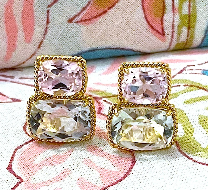 Surf motif earrings-18kt Yellow Gold Medium Double Cushion Cut Earring with Rope Twist Border with Kunzite and Green Amethyst