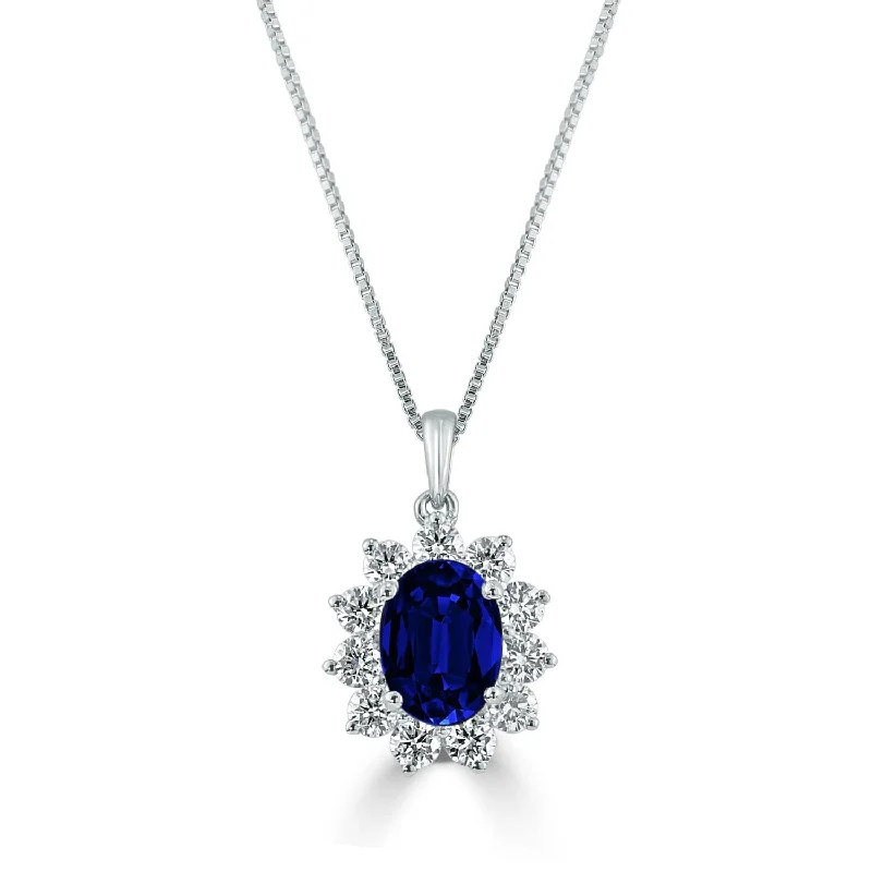 Vine braid necklaces-Auriya 18K Gold Oval-Shaped 1 3/8ct Royal Blue Sapphire Diamond Halo Necklace