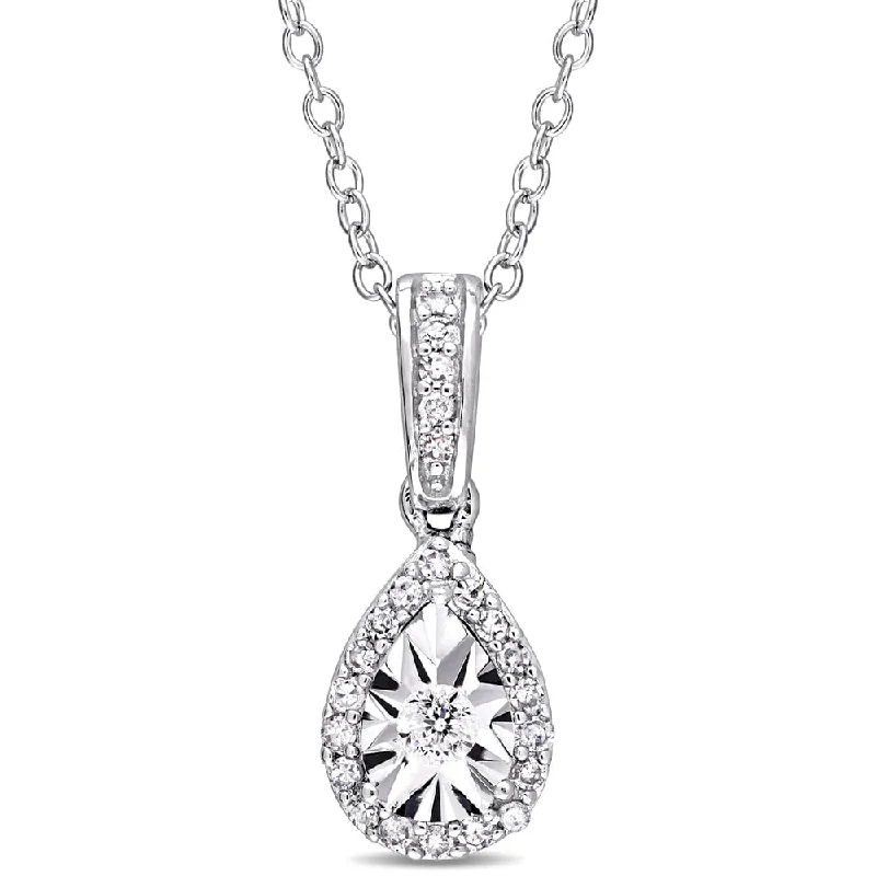 Zodiac charm necklaces-Miadora Sterling Silver 1/6ct TDW Diamond Teardrop Halo Dangle Necklace - White