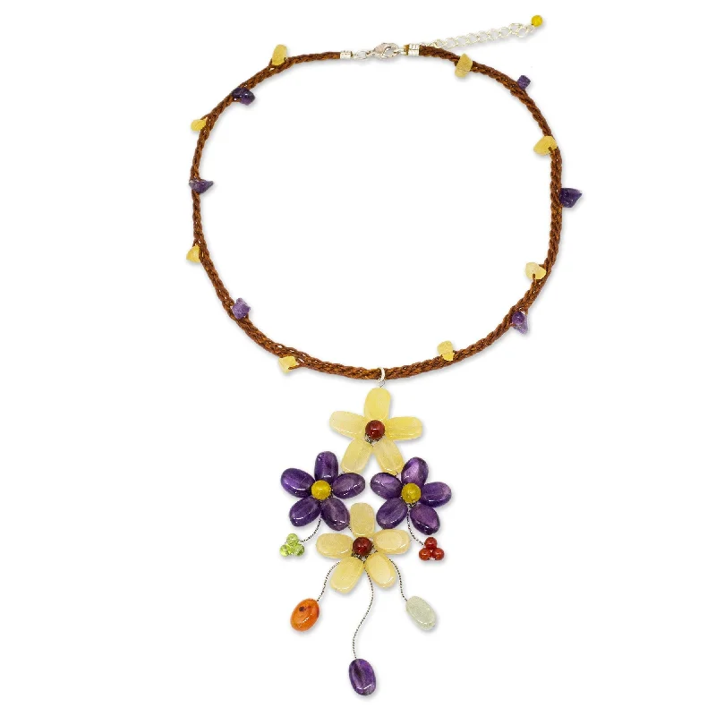 Raised bar necklaces-Amethyst Flower Necklace, 'Twilight Bouquet' (Thailand)