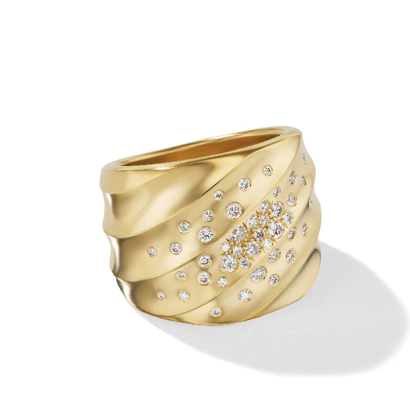 Open frame engagement rings-Cable Edge Saddle Ring in Recycled 18K Yellow Gold with Pave Diamonds