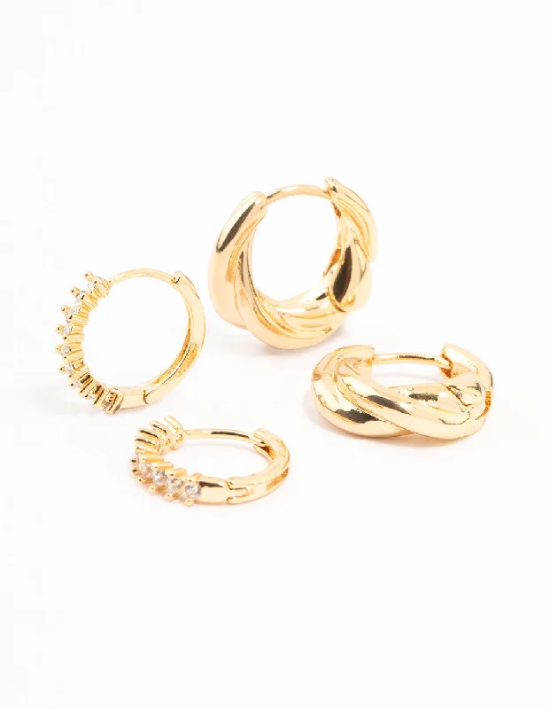 Fine bead earrings-Gold Plated Cubic Zirconia Twist Huggie Earrings 2-Pack