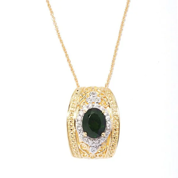 Vivid druzy necklaces-18k Yellow Vermeil Gold Over Sterling Silver Chrome Diopside and White Zircon Pendant Necklace