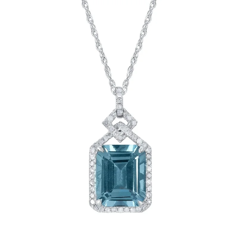 Secure clasp necklaces-Viducci 10k White Gold Genuine Emerald-cut Blue Topaz and 1/4ct Diamond Halo Necklace