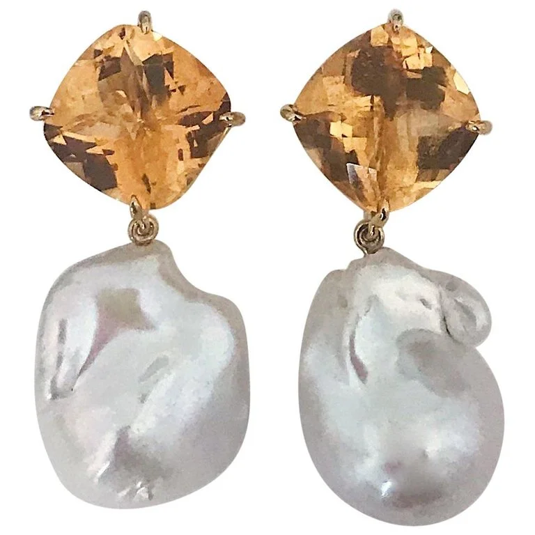 Tiny wing earrings-Yellow Gold Orange Citrine Stud with Baroque Pearl Drop Earring