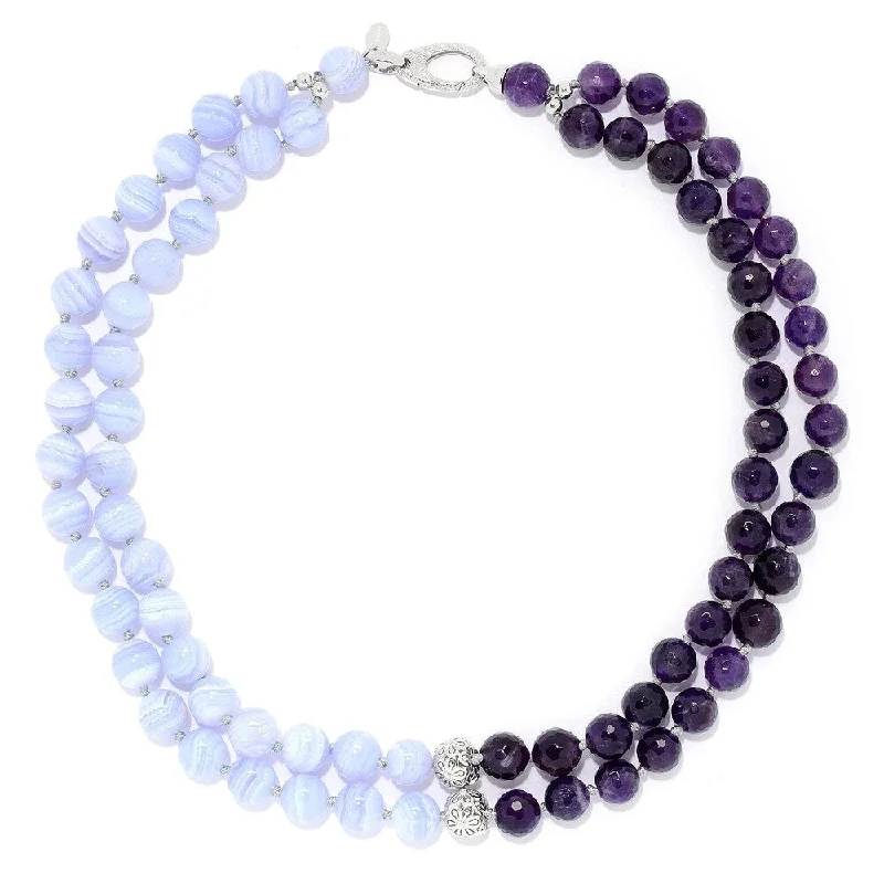 Raised bar necklaces-Sterling Silver 18" Amethyst and Blue Lace Agate Two-Strand Beaded Necklace