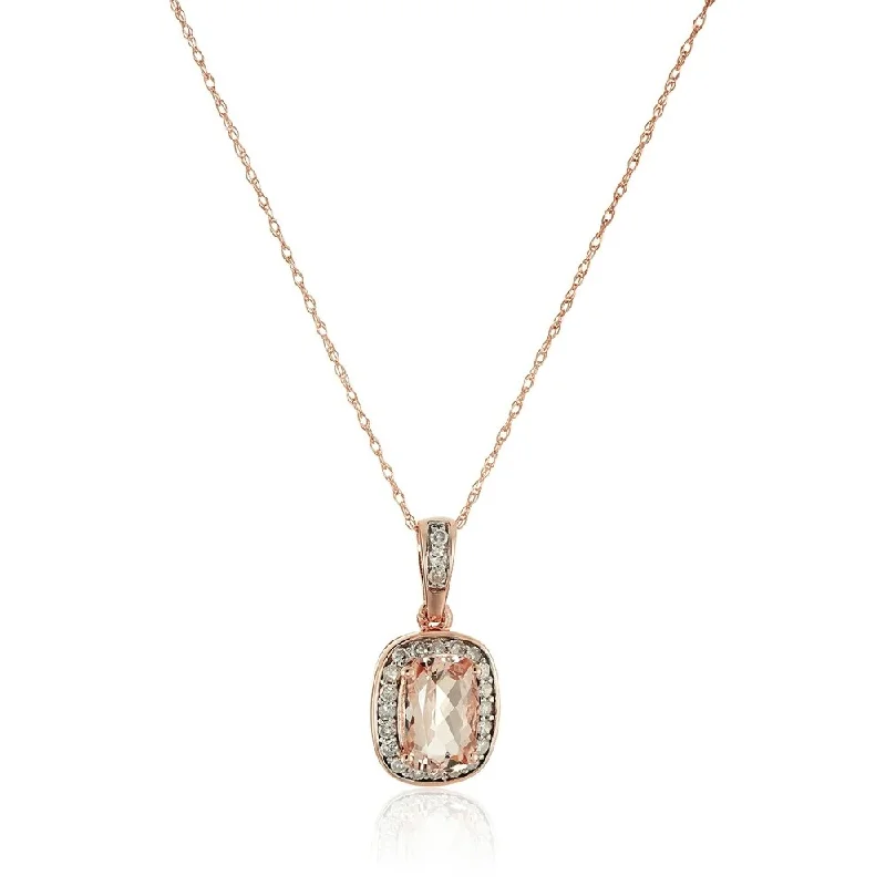 Thick bar necklaces-10k Rose Gold Morganite Cushion and Diamond Halo Pendant Necklace, 18"