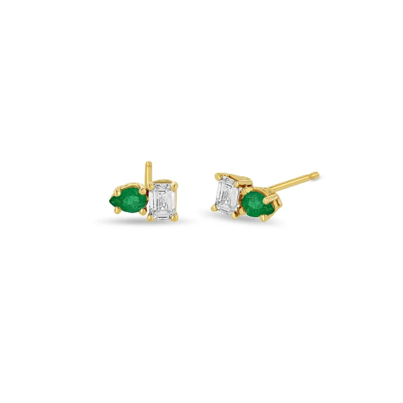 Bamboo style earrings-14k Pear Emerald & Emerald Cut Diamond Studs