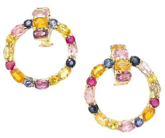 Subtle dangle earrings-18 Karat Yellow Gold Multi-Color Sapphire Hoop Drop Earring