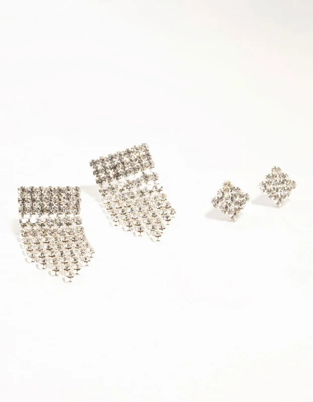 Crystal-twisted earrings-Silver Diamante Square Cup Chain Stud Earrings 2-Pack