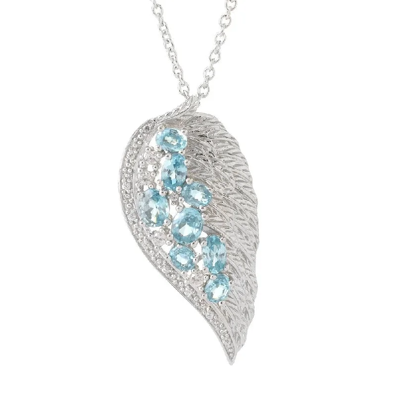 Leaf motif necklaces-Platinum over Stering Silver Blue Zircon and White Zircon Angel Wing Necklace