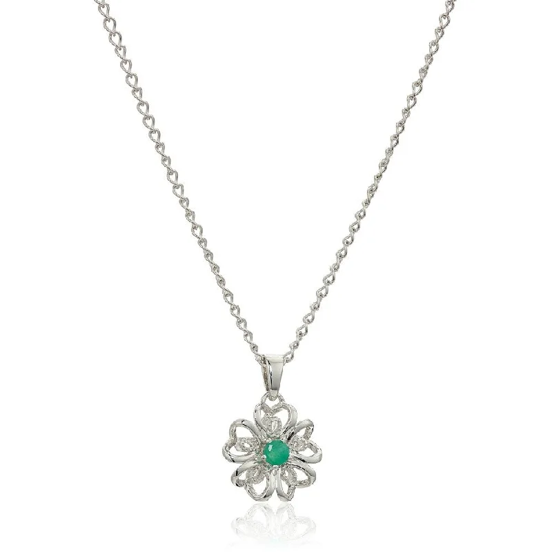 Multi-layer necklaces-Sterling Silver Genuine Emerald Flower Pendant Necklace - Green