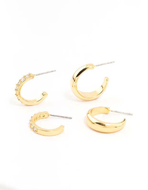 Surf theme earrings-Gold Plated Cubic Zirconia Hoop Earrings 2-Pack