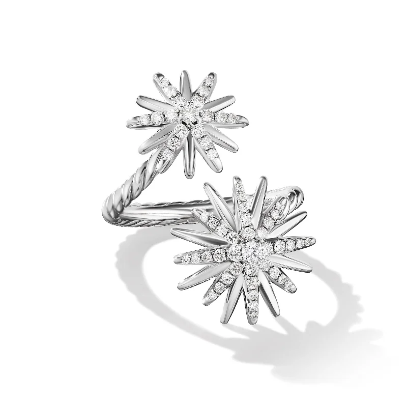 Light filigree engagement rings-Starburst Bypass Ring in Sterling Silver with Pave Diamonds