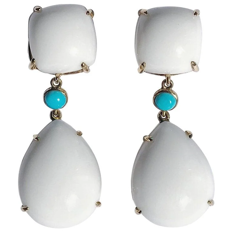 Worn medallion earrings-Yellow Gold Pear Drop Earring with White Jade and Bezel Set Turquoise Accent