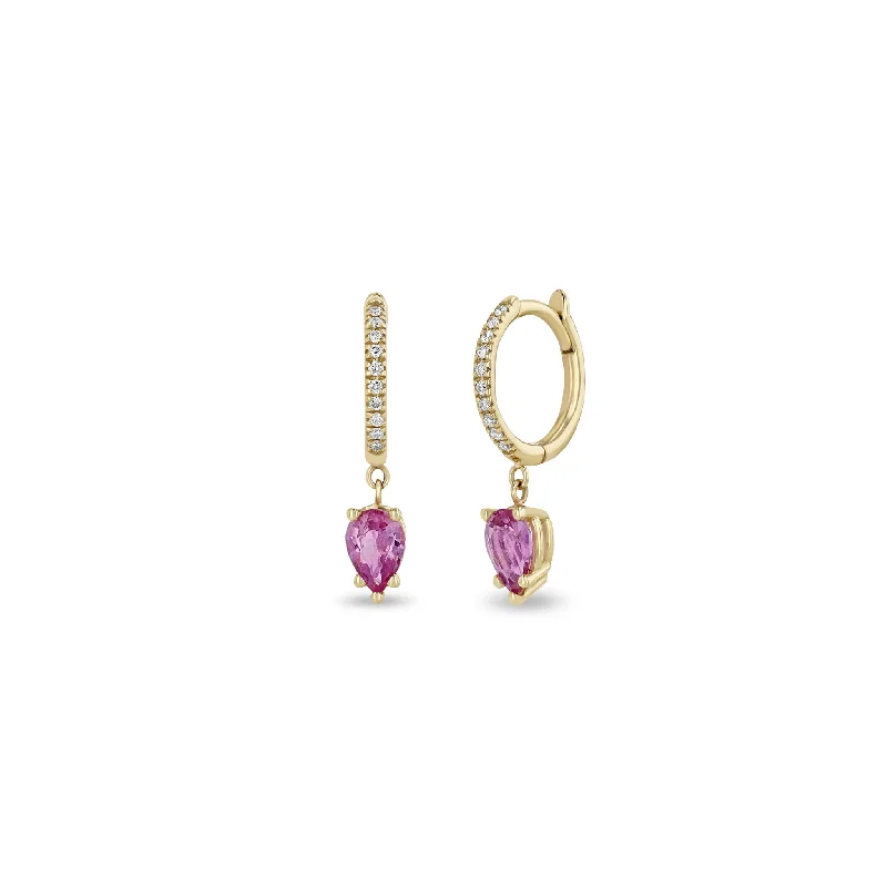 Smooth drop earrings-14k Medium Pavé Diamond Hinge Huggie Hoops with Pear Pink Sapphires