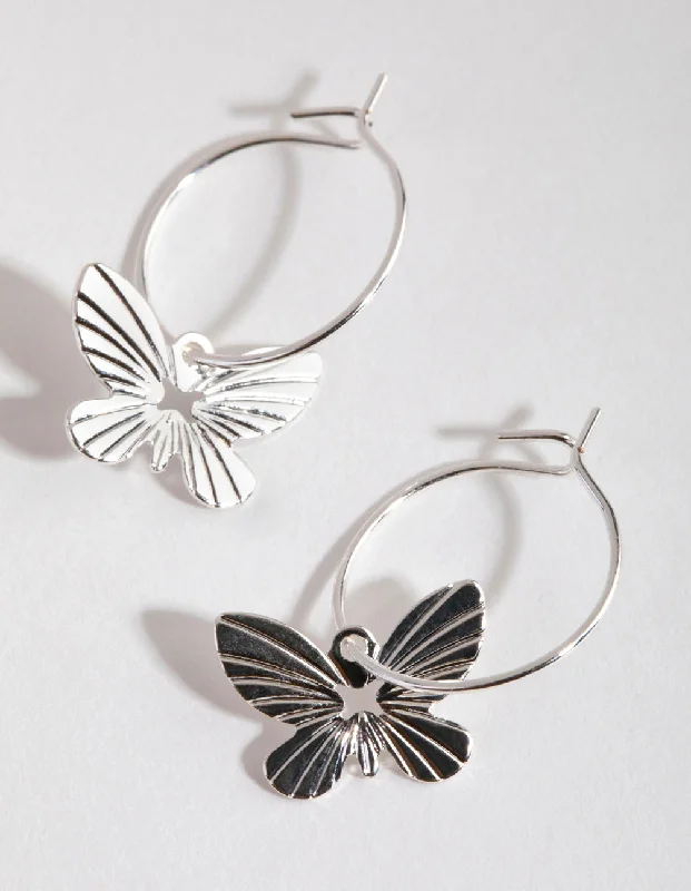 Tide design earrings-Silver Butterfly Huggie Hoop Earrings