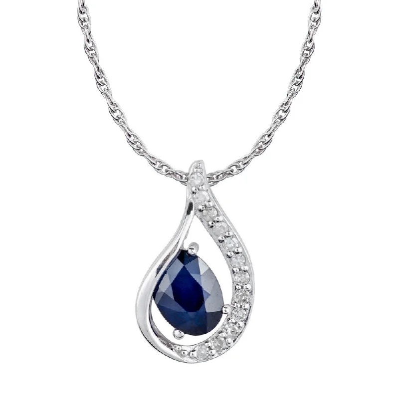 Zodiac charm necklaces-Viducci 10k White Gold Genuine Oval Sapphire and Diamond Halo Drop Pendant Necklace